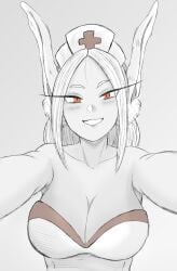 1girls alternate_version_available bare_shoulders big_breasts boku_no_hero_academia bunny_ears bunny_girl busty cleavage ettso long_eyelashes miruko monochrome my_hero_academia nurse nurse_cap red_eyes rumi_usagiyama smile