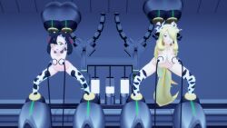 2girls 3d artist_request black_hair blonde_hair blue_eyes bondage breasts cow_ears cow_horns cow_print cow_print_gloves cow_print_thighhighs cynthia_(pokemon) ear_tag elbow_gloves fake_animal_ears fake_horns female femsub gloves grey_eyes hair_ornament hair_over_one_eye hair_ribbon hucow human_livestock large_breasts long_hair looking_at_viewer marnie_(pokemon) mechanical_fixation milf milk milking milking_machine multiple_girls multiple_subs navel nintendo nipples nude nude_female pokemon pokemon_dppt pokemon_ss restrained slave small_breasts stationary_restraints thighhighs twintails women_livestock