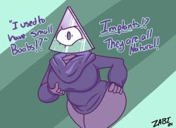 1_eye anthro ass big_breasts bodily_fluids breasts clothed clothing cyclops dialogue feces female for_a_head genital_fluids hi_res humanoid iilluminaughtii not_furry object_head purple_body scat scat_boobs simple_background solo text youtuber zadirtybish