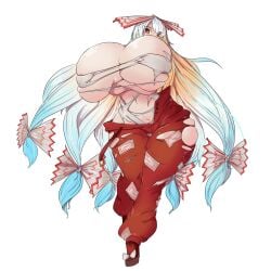 big_breasts fujiwara_no_mokou giant_breasts greenm ripped_clothing tagme thick thick_thighs touhou white_hair