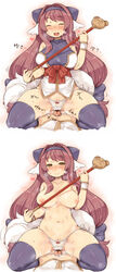 7010 :d ^_^ animal_ears black_legwear blush bow_panties breasts brown_eyes cane censor_bar censored closed_eyes clothing cowgirl_position cum ejaculation fusehime_maaya grinding hairband highres holding large_breasts long_hair looking_at_viewer multiple_views navel nipples open_mouth outercourse panties penis precum pussy_juice_drip pussy_juice_on_penis pussy_juice_stain red_hair shinrabanshou side-tie_panties sitting smile solo stockings sweat tail thighhighs topless underwear very_long_hair white_panties