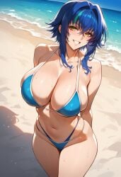 1girls ai_generated beach bikini blue_bikini bombacopta green_strand_of_hair grin high_school_dxd huge_breasts short_hair sweat sweating thighs xenovia_quarta yellow_eyes