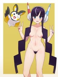 1girls black_hair blue_eyes blue_nails blunt_bangs blush breasts chiwino elesa_(pokemon) emolga female_pubic_hair game_freak hair hairy_pussy headgear headphones highres long_hair looking_at_viewer nintendo nipples nude open_mouth peace_sign pixiv_commission pokemon pokemon_bw2 pubic_hair red_nails simple_background smile smiling