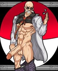 balls bara blaine_(pokemon) exposed_nipples k3rry katsura_(pokemon) labcoat large_balls large_penis male male_only moustache muscle muscles nipples pants_down penis poke_ball pokemon presenting_penis scientist shirt_up solo standing sunglasses