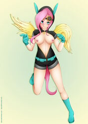 animal_ears animal_hood beige_skin belt blush boots breasts closed_mouth clothes color cyan_eyes female female_only fluttershy_(mlp) footwear friendship_is_magic front_view gloves goggles goggles_on_head hair hood human humanized lalox long_hair my_little_pony navel nipples on_one_foot open_clothes open_eyes pink_hair simple_background smile solo straight_hair wings