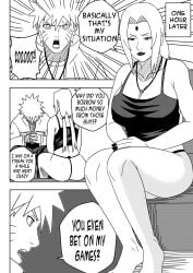 1boy 1girls adult_and_teenager age_difference barefoot before_sex big_breasts breasts dialogue embarrassed english_text feet female huge_breasts jewelry large_breasts lipstick makeup male male/female mature mature_female mature_woman monochrome naruto naruto:_the_last naruto_(series) naruto_shippuden necklace ninrubio no_bra no_bra_under_clothes older_woman_and_teenage_boy panties revealing_clothes sitting speech_bubble story surprised tank_top text tsunade uzumaki_naruto welcoming