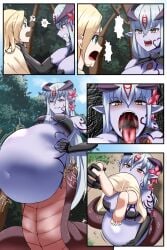 2girls alice_(mon-musu_quest!) alipheese_fateburn_xvi amy_fateburn angel belly_expansion big_belly blonde_hair blue_skin breasts cleavage comic female_only flower_in_hair ilias keze kuzumochi800 lamia monster_girl monster_girl_quest multiple_girls naga sequence snake_girl swallowed_whole swallowing tagme tattoos vore vore_belly white_hair