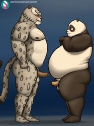 2024 anthro balls bear belly big_belly black_and_white_fur blush blush_lines dreamworks duo eye_contact fangs felid fur genitals giant_panda hi_res humanoid_genitalia humanoid_penis kung_fu_panda kung_fu_panda_(movie) kung_fu_panda_4 looking_at_another male mammal markings master_po_ping mouth_closed nipples nude obese obese_anthro obese_male overweight overweight_anthro overweight_male oystercatcher7 pantherine paramount_pictures pecs penis po side_view slightly_chubby slightly_chubby_anthro slightly_chubby_male smile snow_leopard spots spotted_body spotted_fur standing tai_lung_(kung_fu_panda) teeth text thick_thighs universal_studios url whiskers