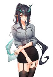 arknights artist_request black_hair blue_highlights blush dragon_girl dragon_horns dragon_tail dusk_(arknights) female horn horns light-skinned_female light_skin office_lady simple_background tail