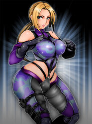 1041_(pixiv) blonde_hair blue_eyes bodysuit breasts camouflage catsuit clothed curvy death_by_degrees detached_sleeves fighting_stance gloves hips holster knife nina_williams ponytail sheath skin_tight tekken tekken_1 tekken_2 tekken_3 tekken_4 tekken_5_dark_resurrection tekken_blood_vengeance tekken_tag_tournament tekken_tag_tournament_2 tekken_the_motion_picture thick_thighs thigh_holster thighs weapon wide_hips