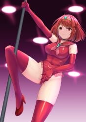 1girls breasts choker core_crystal elbow_gloves gloves high_heels highleg highleg_leotard large_breasts leotard looking_at_viewer nintendo pole pyra ravengenesis red_eyes red_hair red_leotard short_hair stripper stripper_pole thighhighs tiara xenoblade_(series) xenoblade_chronicles_2