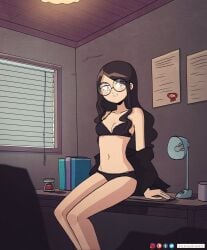 bra breasts brown_hair cleavage desk female female_only glasses keetydraws lace-trimmed_bra lace-trimmed_panties long_hair off_shoulder office panties sitting_on_desk solo tagme tiana_(keetydraws)