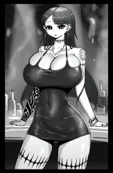 1girls big_breasts black_and_white breasts busty cleavage curvaceous curvy curvy_body curvy_female curvy_figure dopperx8 dress earrings female huge_breasts large_breasts long_hair original original_character tattoo tattooed_arm tattooed_thigh thick_thighs thighhighs voluptuous