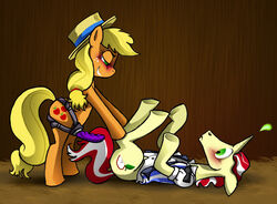 applejack_(mlp) blonde_hair blush cutie_mark dildo equine female flim_(mlp) friendship_is_magic green_eyes hair hat hay horn horse male malesub my_little_pony plain_background pony sex_toy smile smooth_skin strap-on susiebeeca unicorn