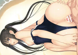 1boy 1girls anus ass black_hair breasts censored fault!! female male nipples school_swimsuit sex straight sugiyama_mio swimsuit taka_tony tied_hair twintails wet