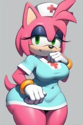 4_fingers ai_generated amy_rose big_breasts curvy female gloves hedgehog hedgehog_humanoid looking_at_viewer mascara nurse nurse_cap nurse_uniform pink_fur pink_hair pixai quills shading simple_background smile smirk solo sonic_(series) sonic_the_hedgehog_(series) tail thick_ass thick_thighs white_gloves wrist_rings