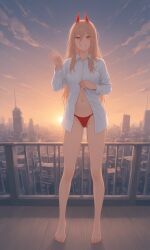 ai_generated balcony chainsaw_man city cityscape female horns midriff navel panties power_(chainsaw_man) standing thong unbuttoned_shirt underwear white_shirt