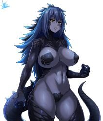 big_breasts black_scales blue_body genderswap gijinka godzilla godzilla_(series) godzilla_king_of_the_monsters golden_eyes gray_scales growling jmg kaiju kaiju_girl monster_girl monsterverse nude nude_female scowl sharp_claws sharp_teeth tail voluptuous voluptuous_female yellow_eyes