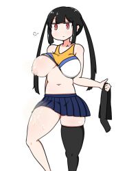 black_hair breasts cheerleader clothes_lift collarbone commentary_request crop_top cum cum_on_body cum_on_breasts cum_on_legs expressionless feet_out_of_frame female holding_unworn_thighhighs huge_breasts jitome long_hair long_sidelocks looking_down madoro mamiya_hina navel nipples one_breast_out original red_eyes shirt_lift sidelocks simple_background solo standing tsurime twintails white_background