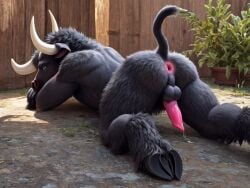 ai_generated all_fours animal_penis anthro cloven_hooves cute fluffy horns lifted_tail minotaur presenting_anus