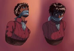 berserk bondage casca_(berserk) cloth_gag dark-skinned_female gag rope_bondage sweat