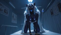 1girl ai_generated all_fours animal_ears bed bed_sheet blue_eyes blue_tongue bodysuit breasts cape cat_ears cleavage collarbone colored_skin colored_tongue crown english_text fangs fur_trim furry furry_female indoors korean_text large_breasts latex latex_bodysuit long_hair looking_at_viewer moon night nyx_x on_bed open_mouth sensitive shiny shiny_clothes solo staff subtitled tail teeth tongue tongue_out white_hair