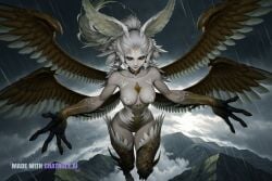 1girl 4_fingers 4_wings action_pose ai_assisted ai_generated arms_out bottomless chest_jewel choker cinematic_lighting cleavage closed_smile cute depth_of_field detailed_background detailed_eyes detailed_face detailed_skin devious devious_grin dynamic_pose feather_hair final_fantasy_xiv flying garuda grey_eyes hand_up hands_behind_head happy head_wings high_angle_view high_quality highly_detailed hourglass_figure humanoid legs_together long_limbs looking_at_viewer looking_down low_angle_view medium_breasts mountainous_horizon muscle_definition perfect_breasts ponytail proud raised_leg reaching_towards_viewer seductive seductive_look sexy storm sultry tall toned voluptuous