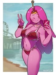 1girls accessory beach bikini crossover crown gtav_cover_girl phone pier pink_hair pink_skin princess_bubblegum solo solo_female usmangaa