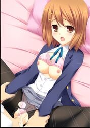 1boy 1girls blush bra bra_lift breasts brown_eyes brown_hair censored female human human_only k-on! male mizuhara_yuu on_back open_clothes open_mouth open_shirt panties panties_aside penis pink_panties sex short_hair skirt spread_legs straight tears torn_clothes underwear vaginal_penetration yui_hirasawa_(k-on!)