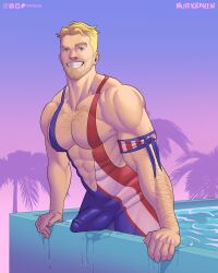 bara beach blonde_hair bulge captain_america captain_america_(marvel_rivals) gay male male_only marvel marvel_rivals muscular muscular_male nuttkraken solo summer