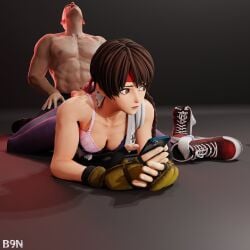 1girls b9n big_breasts brown_eyes brown_hair erection feet grabbing huge_cock huge_penis king_of_fighters legs_up light-skinned_female light_skin phone teasing yuri_sakazaki