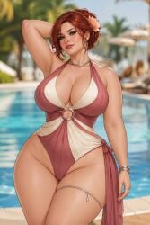 ai_generated armpit_crease armpits auburn_hair black_outline blurry_background bracelet chatgpt chubby_female cleavage eyelashes eyeshadow female flower_in_hair grey_eyes hair_bun hair_strand hourglass_figure large_breasts leaning lipstick looking_at_viewer mature_female milf neck_ring one-piece_swimsuit one_arm_behind_head palm_leaf palm_tree poolside rgomez007 seductive_look self_upload semirealistic slight_smile solo_female swimming_pool thick_eyelashes thick_lips thick_thighs thighlet wide_hips