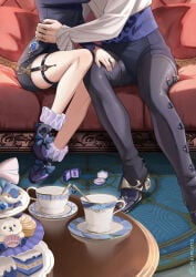1boy 1girls bare_legs female furina_(genshin_impact) genshin_impact hand_on_thigh hand_on_waist intimate legs light-skinned_female light_skin male male/female neimana neuvillette_(genshin_impact) ring straight suggestive tight_clothing touching wedding_ring