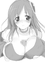 bare_shoulders blush breast_hold breasts censored cleavage detached_sleeves erect_nipples female final_fantasy final_fantasy_iv hair_ornament hima human large_breasts male monochrome open_mouth paizuri penis rydia sketch straight sweat