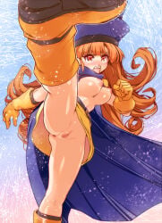 1girl alena_(dq4) blue_cape blue_hat boots breasts cape censored commentary_request dragon_quest dragon_quest_iv gloves hat highres hisahiko leg_up long_hair looking_at_viewer medium_breasts missing_legwear mosaic_censoring nipples no_panties open_mouth orange_boots orange_gloves orange_hair pussy red_eyes skirt solo standing standing_on_one_leg yellow_gloves yellow_skirt