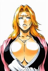 1girls accurate_art_style accurate_body_type ai_generated annoyed between_breasts big_breasts black_kimono bleach blue_eyes breasts busty cel_shading center_opening chain_necklace cleavage cleavage_focus clothed clothing collarbone facing_viewer female female_focus female_only from_below front_view frown hair_over_shoulder haori hatching_(texture) highres irritated japanese_clothes jewelry kimono large_breasts light-skinned_female light_skin line_art long_hair looking_at_viewer looking_down looking_down_at_viewer manga_style matsumoto_rangiku mature_female mole mole_under_mouth necklace no_bra orange_hair parted_lips pink_scarf sash scarf scowl shawl shihakusho shinigami shiny_hair shiny_skin simple_background solo solo_focus standing tite_kubo_style traditional_clothes upper_body viewed_from_below wavy_hair white_background white_sash wide_sleeves