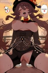 1boy 1girl ai_generated bike_shorts bouncing_breasts breasts breasts_outside brown_hair cowgirl_position flower genshin_impact hat hat_flower heart hetero hi_res high_quality high_resolution hu_tao_(genshin_impact) long_hair looking_at_viewer medium_breasts nipples open_mouth patreon penis pov pussy red_eyes seductive sex sexy solo_focus speech_bubble spoken_heart straddling sweat torn_clothes uncensored vaginal watermark
