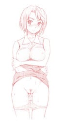 blush breast_hold breasts clothing erect_nipples erect_nipples_under_clothes face female mai_hime monochrome my-hime navel nora_shinji panties panty_pull pooca pubic_hair pussy pussy_juice pussy_juice_trail short_hair sketch skirt skirt_lift small_breasts smile solo sweat tokiha_mai uncensored underwear