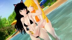 2girls bikini bikini_bottom bikini_top black_hair black_hair_female blake_belladonna blonde_female blonde_hair canon_couple half-dressed half_naked half_naked_female logang45 purple_eyes robotic_arm rwby yang_xiao_long yellow_eyes