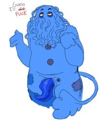1boy blue_body blue_guy_(dhmis) blue_hair blue_skin buttons dont_hug_me_im_scared eyebags eyebrows eyebrows_visible_through_hair hands_up legs_together looking_at_viewer male male_only monster monster_boy non-human non-human_only nude patchwork_skin penis prehensile_penis solo solo_male speaking tail talking tentacle tentacle_penis text thick_thighs wavy_hair yellow_eyes
