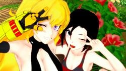 2girls black_hair black_hair_female blonde_female blonde_hair half-sisters half_siblings logang45 long_hair long_hair_female pose posing purple_eyes red_highlights robotic_arm ruby_rose rwby yang_xiao_long yellow_eyes