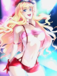 1girls armlet arms_up blonde_hair blue_eyes breasts clothing erect_nipples erect_nipples_under_clothes gloves hairu hat hotpants large_breasts long_hair macross macross_frontier microphone navel open_mouth peaked_cap red_gloves sheryl_nome short_shorts shorts smile solo spotlight stripper suspenders tongue tongue_out tube_top tubetop underboob