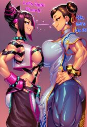 1futa 1girls abs ai_generated bare_arms bare_shoulders big_breasts big_bulge black_hair breast_press brown_hair bulge chun-li chun-li_(street_fighter_6) color english_text female fit_female gigiti hi_res juri_han large_breasts light-skinned_female light_skin muscles muscular muscular_female short_hair smug smug_face street_fighter street_fighter_6 text thick_thighs trogiai