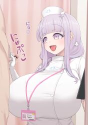 1boy 1girls alternate_costume bar_censor blush breasts censored character_name clothed_female_nude_male eyebrows_visible_through_hair gloved_handjob gloves handjob heart huge_breasts indoors japanese_text light-skinned_female light-skinned_male light_skin looking_at_penis name_tag noe_(ppppriver) notepad nurse_cap nurse_uniform official_alternate_costume penis pink_eyes pink_hair plymouth_(azur_lane) royal_navy_(azur_lane) small_penis stylus text uniform white_gloves