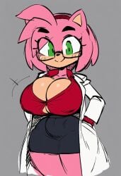 ai_generated amy_rose cleavage cleavage_cutout labcoat no_sex pink_body pink_hair red_shirt solo sonic_(series) sonic_the_hedgehog_(series) suggestive thick_thighs wide_hips