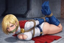 1girls ai_generated alien alien_girl alien_humanoid blonde_hair blue_eyes boob_window boots cape dc dc_comics high_heel_boots knee_boots kryptonian power_girl rope rope_bondage shibari short_hair superhero superheroine superman_(series) tagme