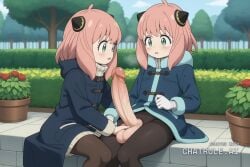 1futa 1girl ai_assisted ai_generated anya_forger big_balls big_testicles blue_coat blue_eyes blue_hair blush_stickers depth_of_field earrings enormous_penis erection fingernails fur_trim garden gloves grabbing_penis huge_cock long_hair long_sleeves pants_aside pantyhose penis plants sitting spy_x_family testicles tree turtleneck