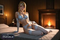 1girl 2d 4k 8k ai_assisted ai_generated alluring anime_style athletic attractive bare_midriff beautiful bedroom_setting big_booty blue_eyes blush breasts cinematic_lighting cleavage close_up collarbone confident dark dark_lighting defined_jawline depth_of_field detailed_background detailed_face detailed_skin digital_illustration dim_lighting elegant erotic eye_makeup eyelashes eyeliner face_focus facing_viewer fair_skin fireplace fit flat_stomach formal full_lips furniture g_string garter_belt gorgeous happy high_cheekbones high_detail highly_detailed highres hoop_earrings hourglass_figure indoors jewelry lace_bra metroid zero_suit