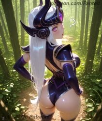 1girl 1girls ? ai_generated armor ass back bamboo bamboo_forest black_leotard black_thighhighs blush breasts bush comfyui cowboy_shot day detached_sleeves elbow_gloves eyelashes fahreit fake_horns forehead_jewel forehead_protector forest from_above from_behind gloves hand_on_own_hip hands_on_own_hips headpiece helmet highleg highleg_leotard horns large_breasts league_of_legends leotard lips lipstick long_hair looking_at_viewer looking_back makeup mascara medium_breasts nature nose open_mouth outdoors parted_lips path patreon patreon_username pauldrons pink_eyes pink_lips purple_eyes purple_leotard purple_thighhighs shiny_clothes shiny_skin shoulder_armor signature solo stable_diffusion standing straight_hair sunlight syndra thigh_boots thighhighs thighs tree vambraces very_long_hair white_hair