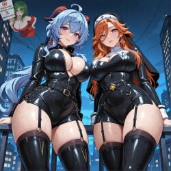 2girls ai_generated ganyu_(genshin_impact) leather mavuika_(genshin_impact) nun perfect_body sexy